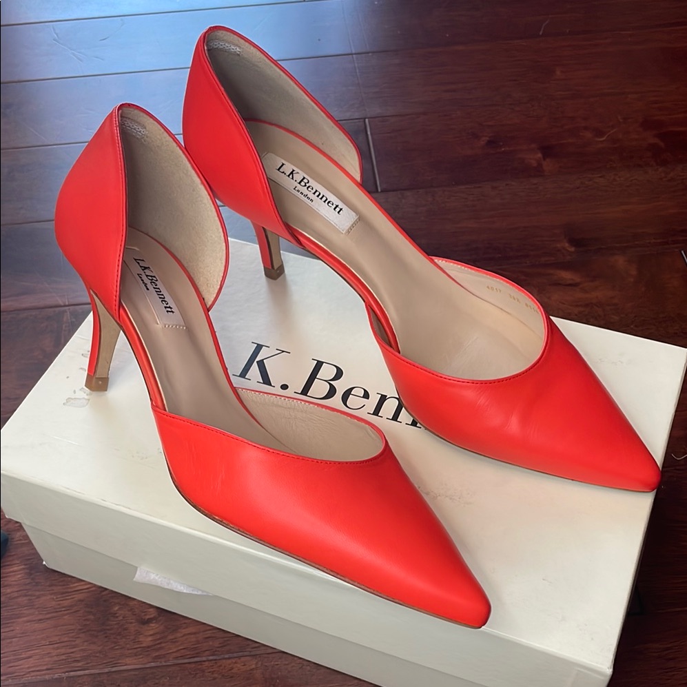 Nib L.K. Bennett Flamingo Orange D’orsay Napa Leather Pointed Toe Pump Heels